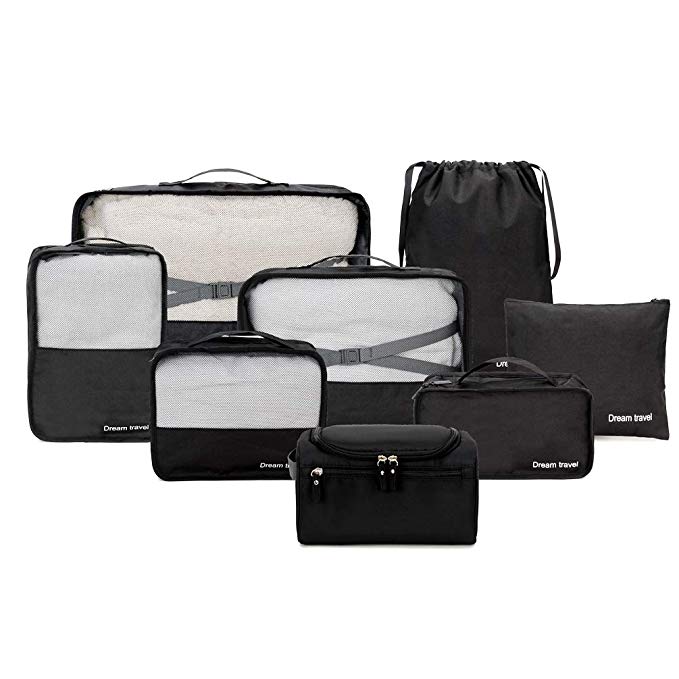 HiDay 8 Sets Packing Cube System - 1 Toiletry bag+ 4 Travel Cubes + 2 Pouches + 1 Premium Shoes Bag - Perfect Travel Luggage Organizer