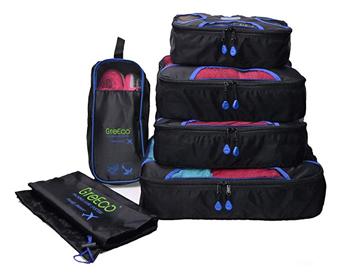 GreEco? 4 Pcs Packing Cubes Plus 1 Pc Laundry Bag and 1 Pc Shoe Bag Set of 6