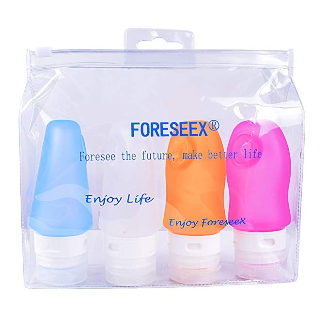 FORESEEX 4-pack 2oz Food Grade Colorful Silicone Travel Bottles Set with Bag - Leak Proof, TSA Carry on Approved– Container for Lotion Shampoo Oil Gel and Condiment