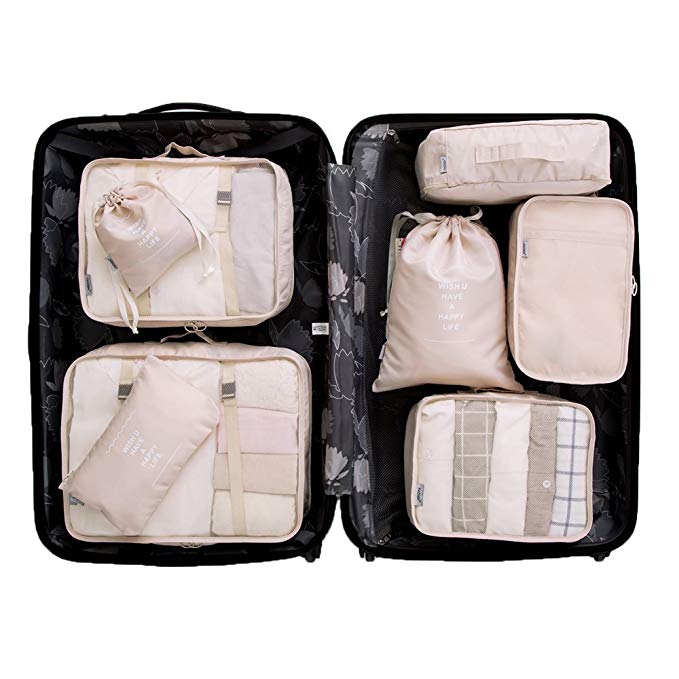 8 Pieces Packing Cubes Travel Luggage Organizer with Shoes Bag (Style B, Beige)