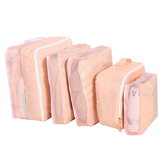 5Pcs/Set Travel Storage Bags Luggage Packing Pouchs Cubes Organizers Multi-functional Clothing Sorting Packages (Pink)