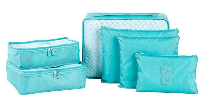 Sunee 6-pc Set Waterproof Packing Cubes,3 Travel Cubes + 3 Pouches (Blue)