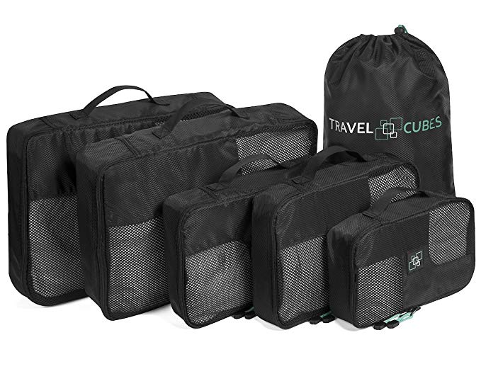 Travel Cubes - 5 Piece Packing Cubes Set in Black with Laundry Bag