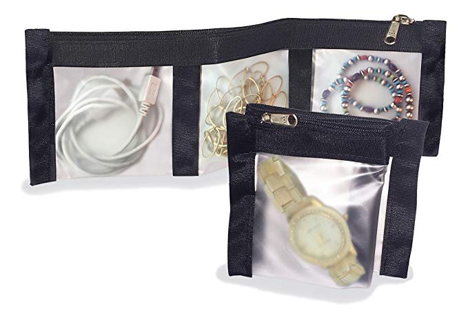 Reusable Foldable 3 Pocket Jewelry and Travel Accessory Organizer with 2 Bonus Jewelry Pouches