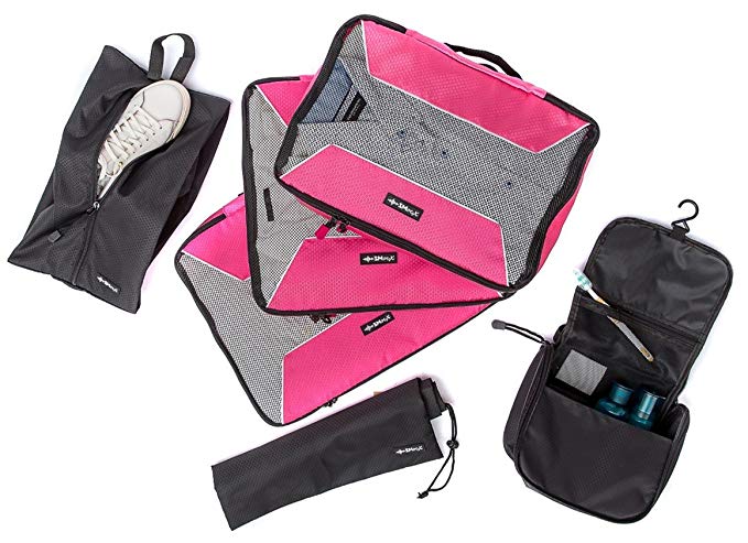 SMocX 6pc Packing Cubes Travel Organisers -3 Cubes, Toiletry, Shoe & Laundry Bag