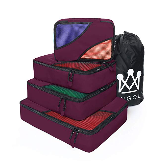 4 Set Packing Cubes Travel Luggage Packing Organizer with Laundry Bag 7 Colors Nylon YKK Zippers (Wine Red)