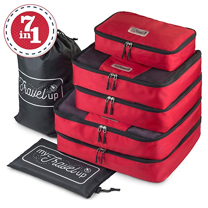 MyTravelUp, 7in1 - TRAVEL PACKING CUBES for everyone who loves travelling, HIGH QUALITY durable material, 2 BAGS for LAUNDRY/SHOES. This travel set will be a SMART ORGANIZER for clothes (Red)