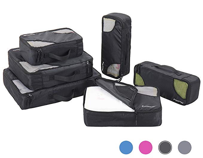 FINNKARE 6 Set Packing Cubes with Shoe Bag Travel Luggage Organizers Lightweight Travel Cube Set Compression Pouches System for Carry-on Luggage Black