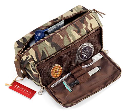 DOPP Kit Mens Toiletry Travel Bag YKK Zipper Canvas & Leather (Medium, Woodland Camo)