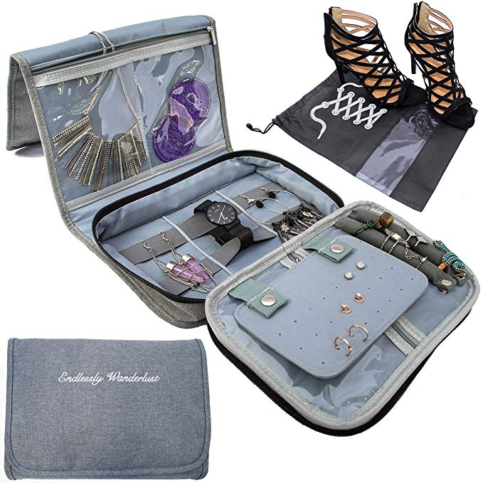 Travel Jewelry Organizer Carrying Case - PLUS Shoe Bags. Hanging Holder and Storage For Accessories