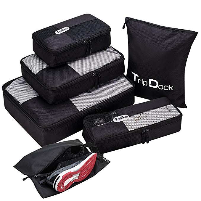 TripDock Various Packing Cubes 6 Set Lightweight Travel Luggage Organizers (1Black(1Large+1Medium+1Small+1Slim+1 Shoes bag+1Laundry bag))